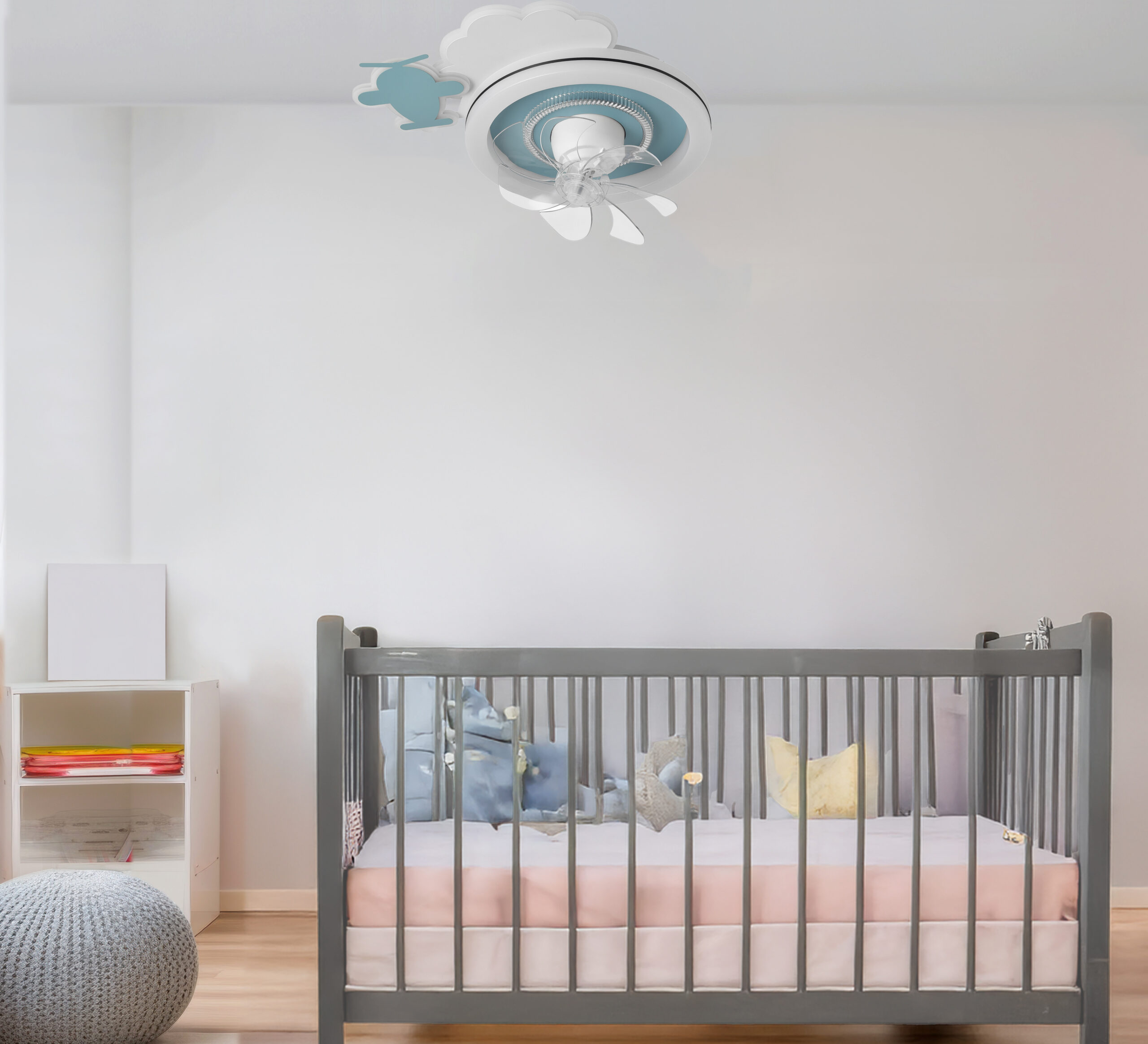 children’s room with a colorful rug, bookshelf with colorful sto