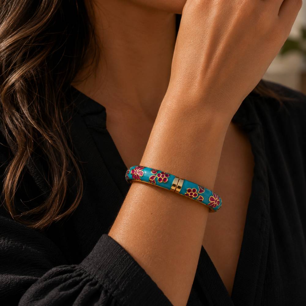 blue-enamel-floral-bangle-bracelet-model