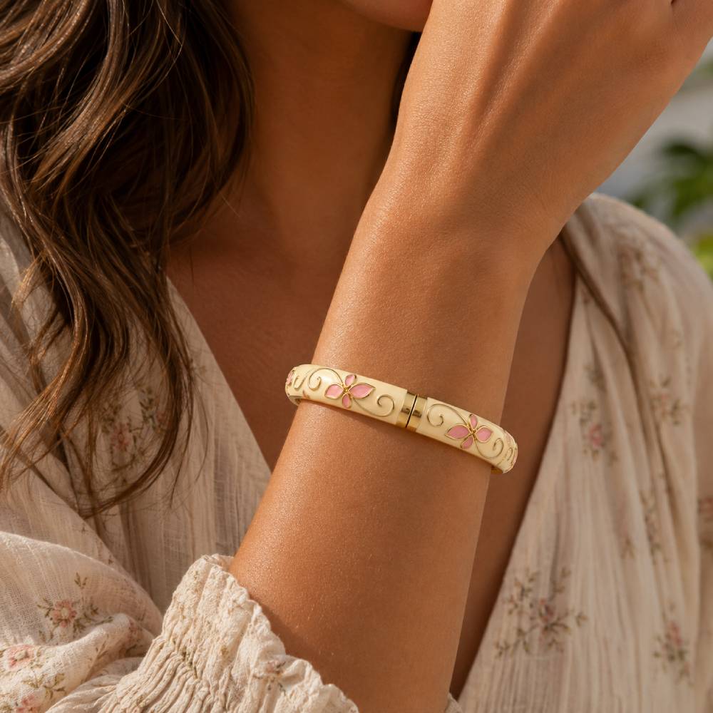 cream-enamel-pink-petal-bangle-bracelet-model
