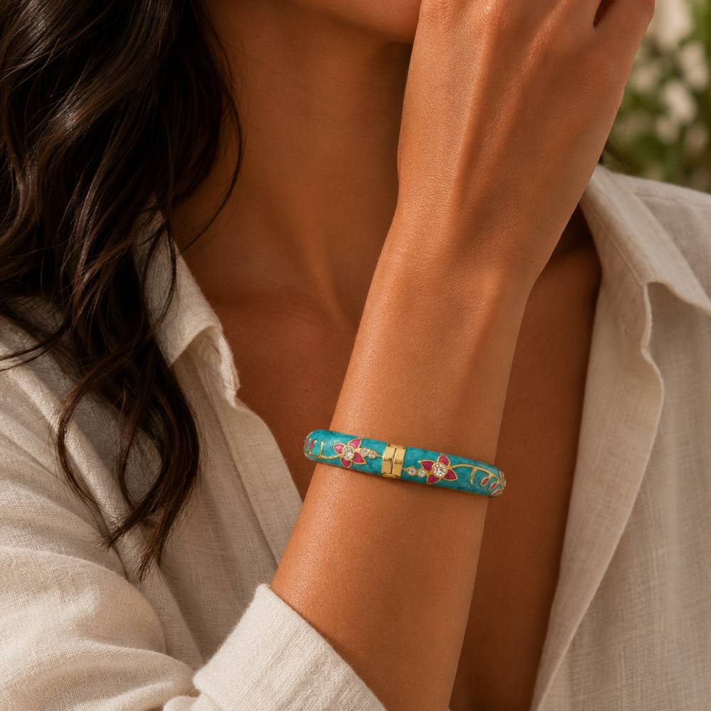 enamel-petal-bangle-turquoise-pink-rhinestones-model