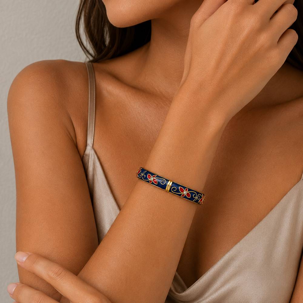 gold-enamel-floral-bangle-blue-red-model