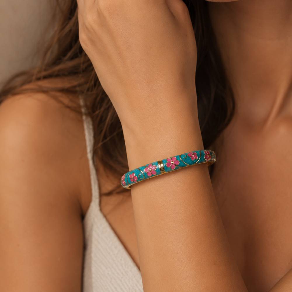 gold-enamel-floral-bangle-bracelet-model