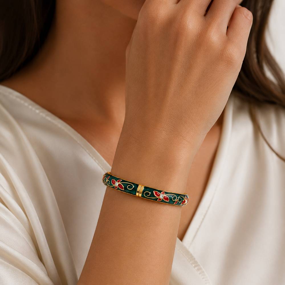 gold-enamel-floral-bangle-green-red-model