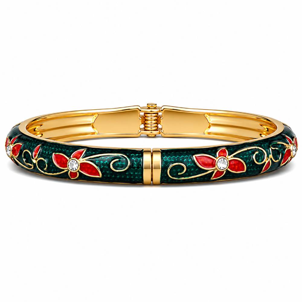 gold-enamel-floral-bangle-green-red