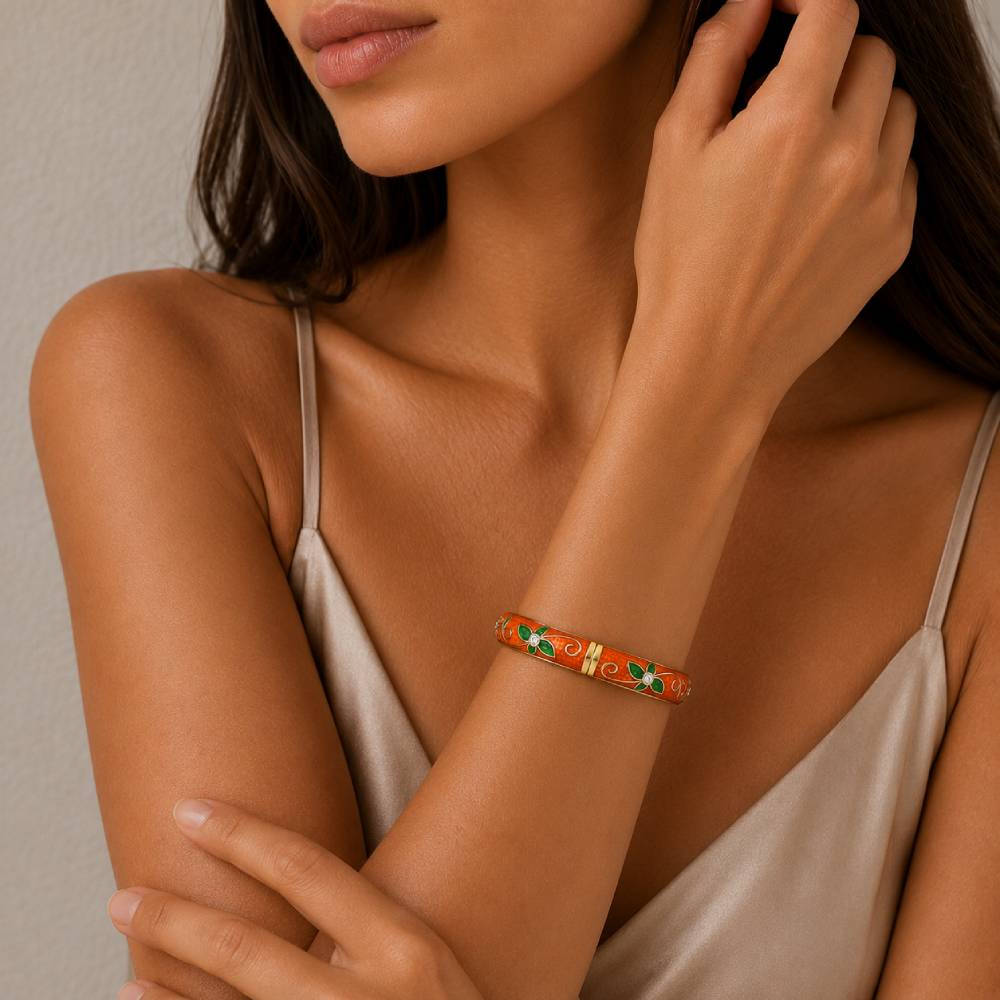 gold-enamel-floral-bangle-orange-green-model