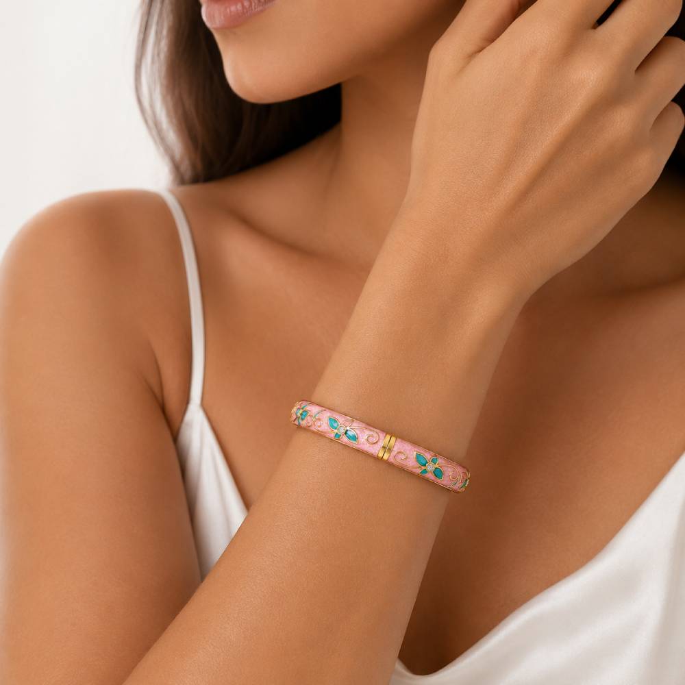 gold-enamel-floral-bangle-pink-turquoise-model