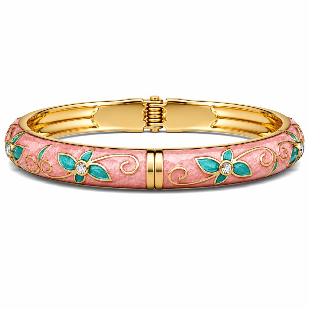 gold-enamel-floral-bangle-pink-turquoise