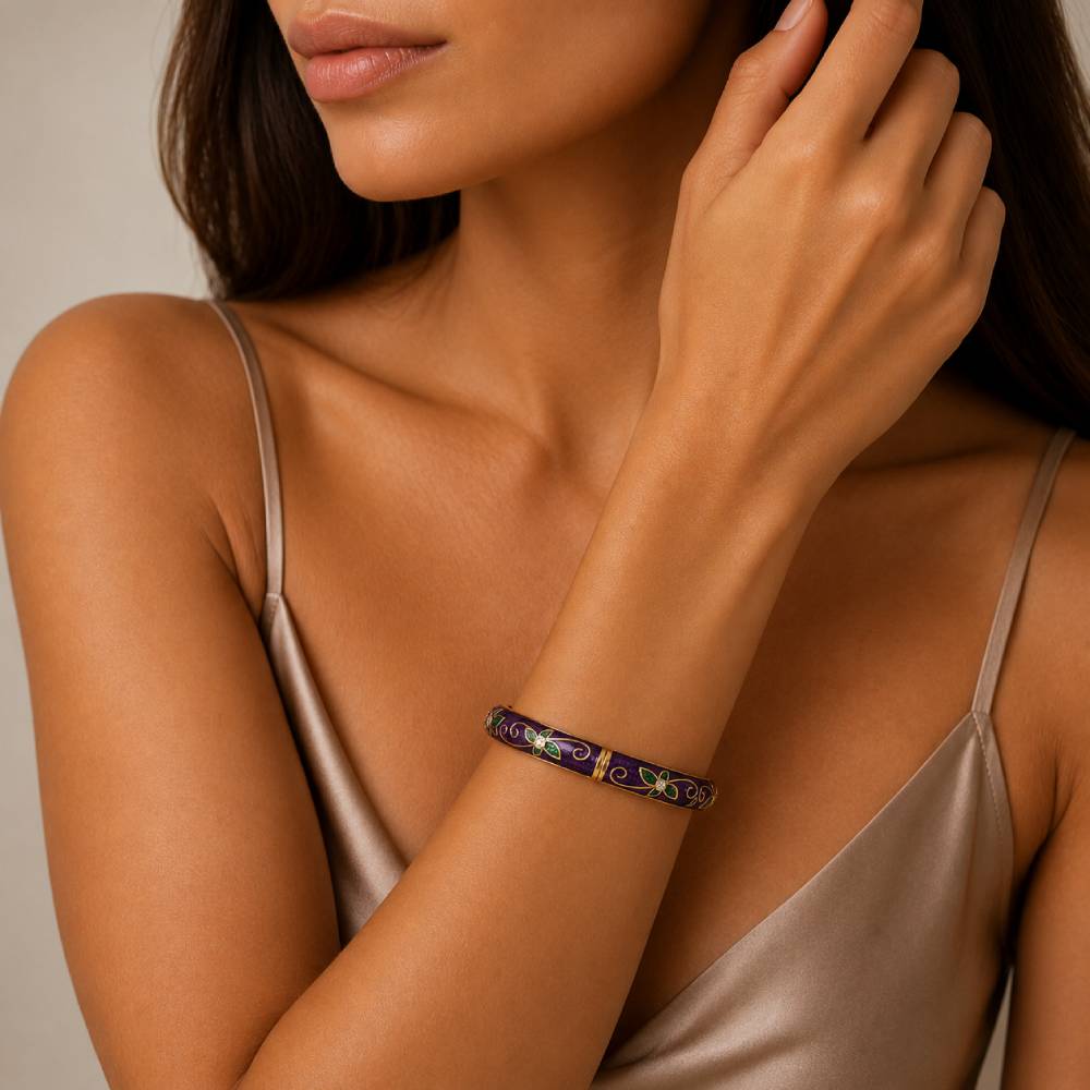 gold-enamel-floral-bangle-purple-green-model