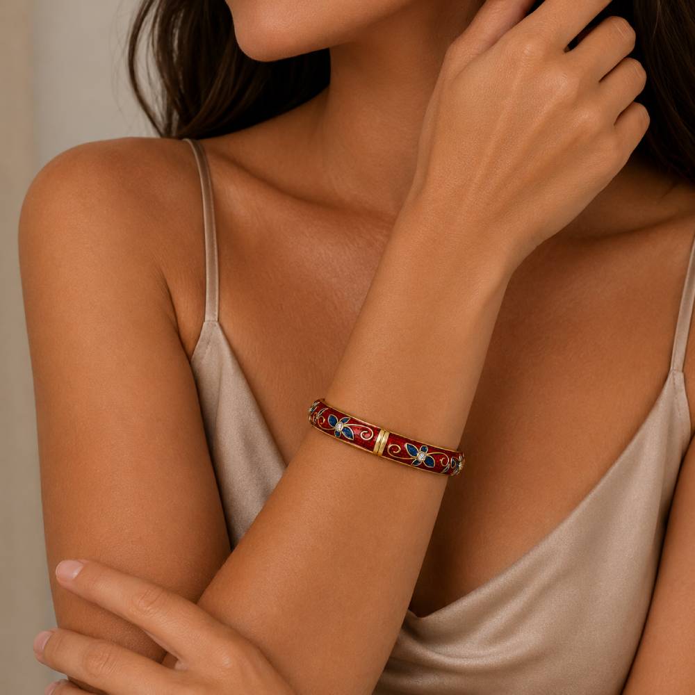 gold-enamel-floral-bangle-red-blue-model