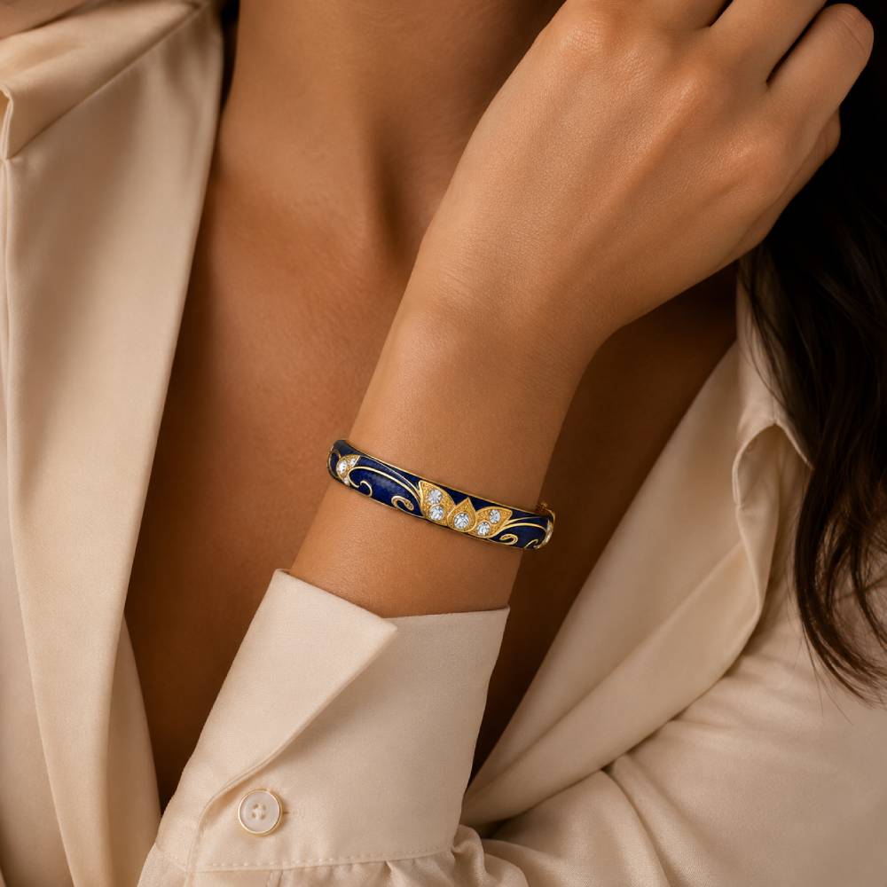 gold-enamel-petal-bangle-blue-rhinestones-model