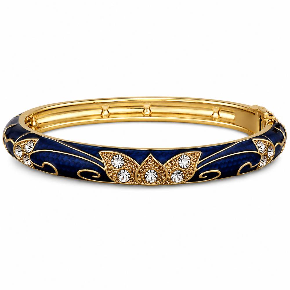 gold-enamel-petal-bangle-blue-rhinestones