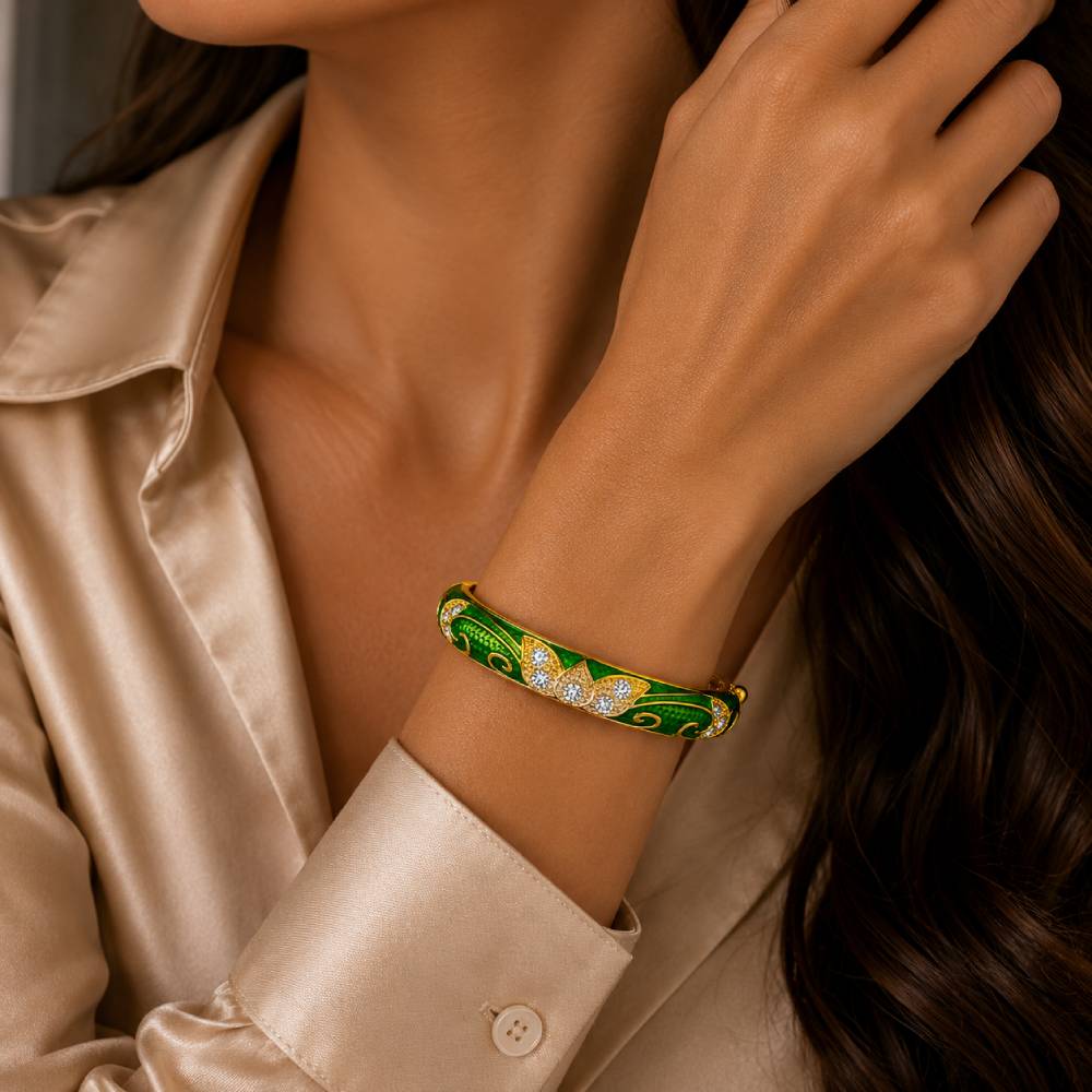 gold-enamel-petal-bangle-green-rhinestones-model-1-1
