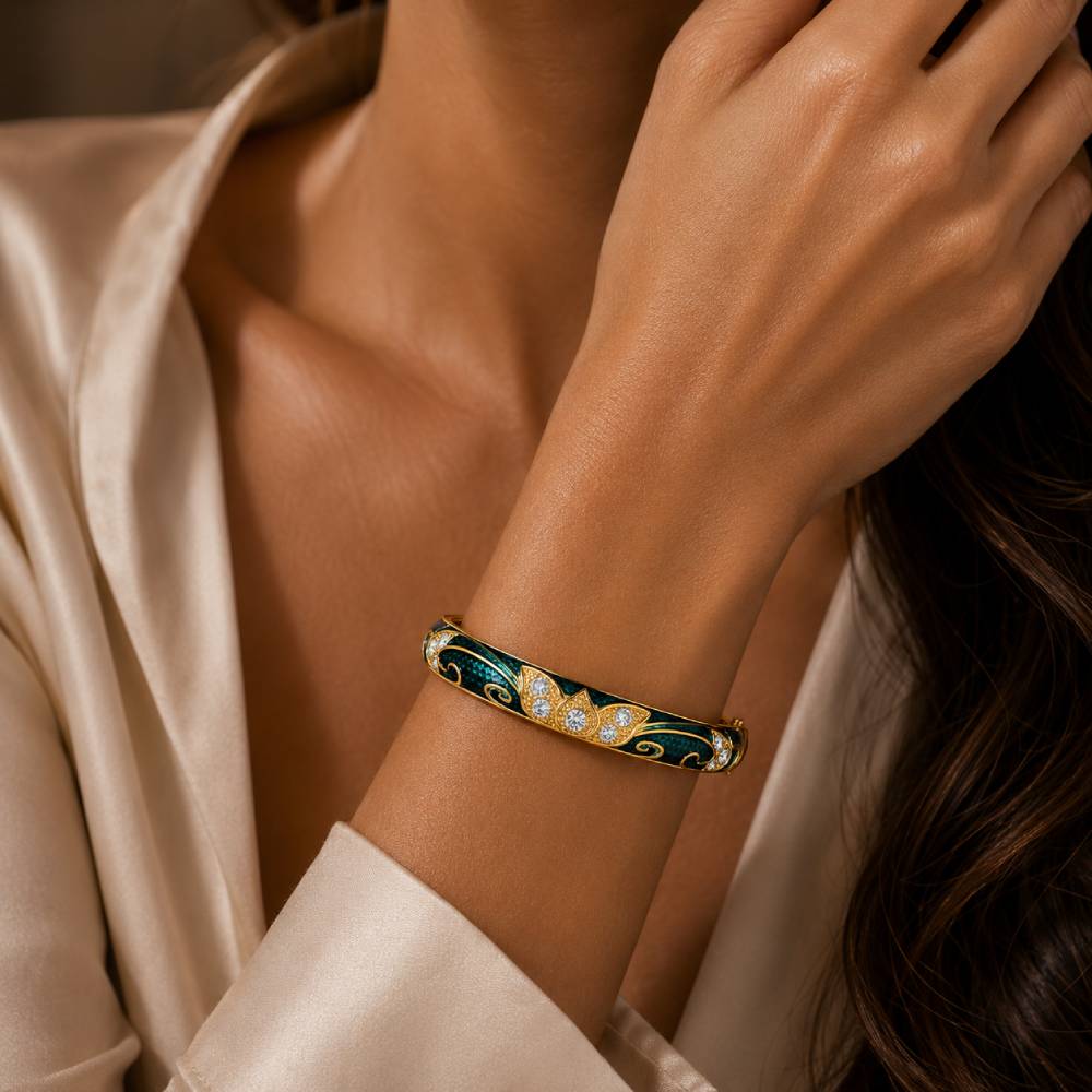 gold-enamel-petal-bangle-green-rhinestones-model