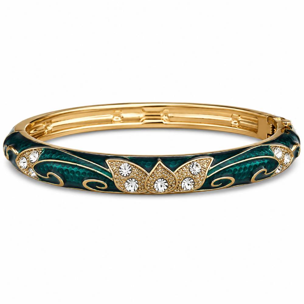 gold-enamel-petal-bangle-green-rhinestones