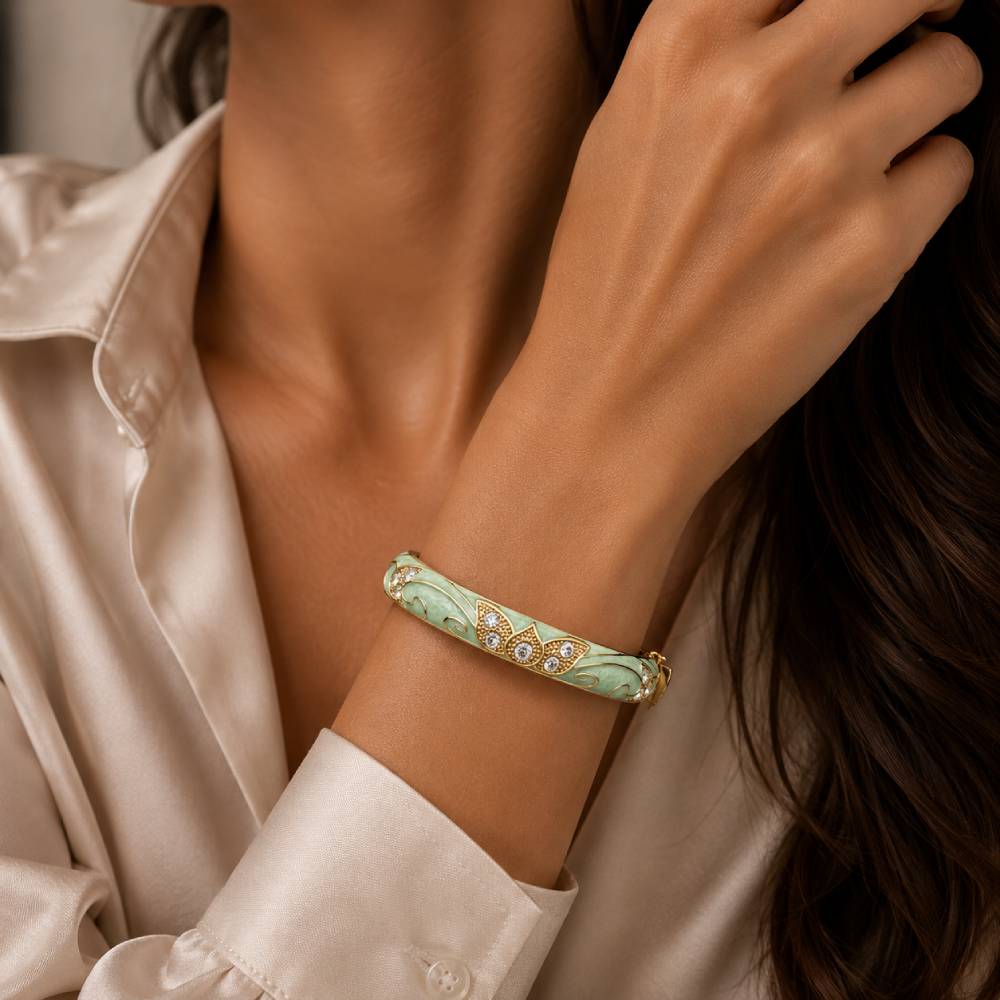 gold-enamel-petal-bangle-mint-rhinestones-model