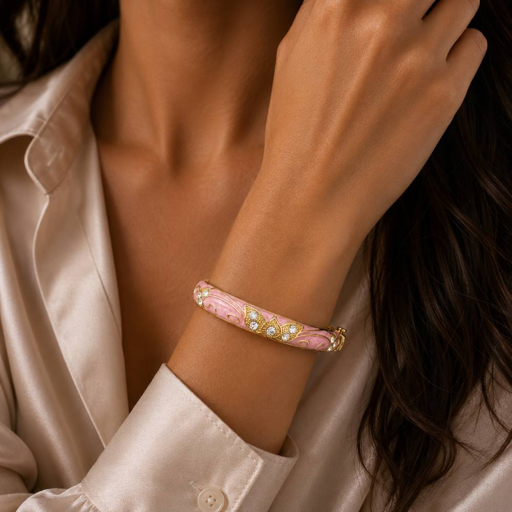 gold-enamel-petal-bangle-pink-rhinestones-model