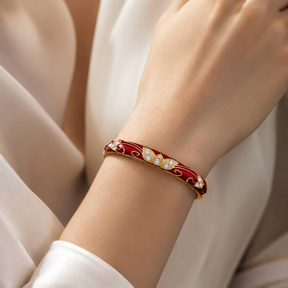 gold-enamel-petal-bangle-red-rhinestones-model