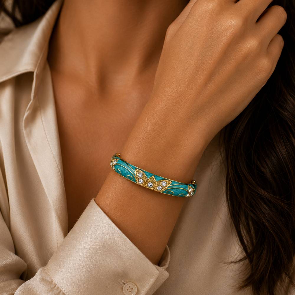 gold-enamel-petal-bangle-turquoise-rhinestones-model