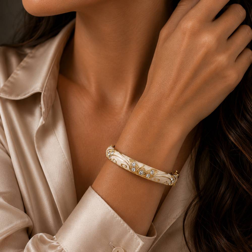gold-enamel-petal-bangle-white-rhinestones-model