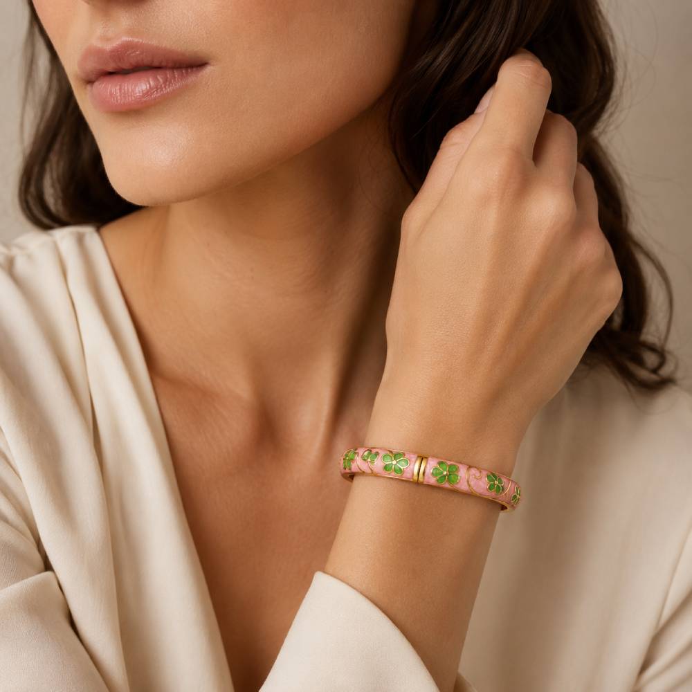 gold-tone-bangle-bracelet-pink-green-enamel-flowers-model