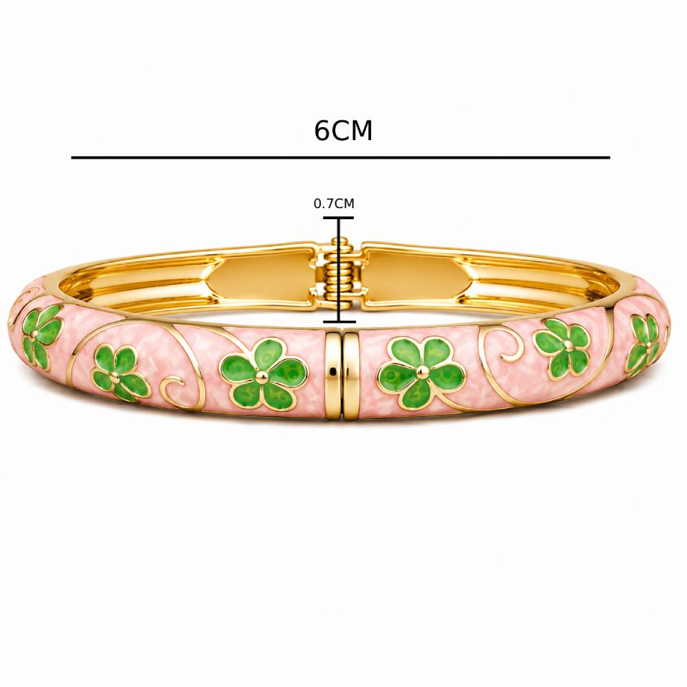 gold-tone-bangle-bracelet-pink-green-enamel-flowers-size