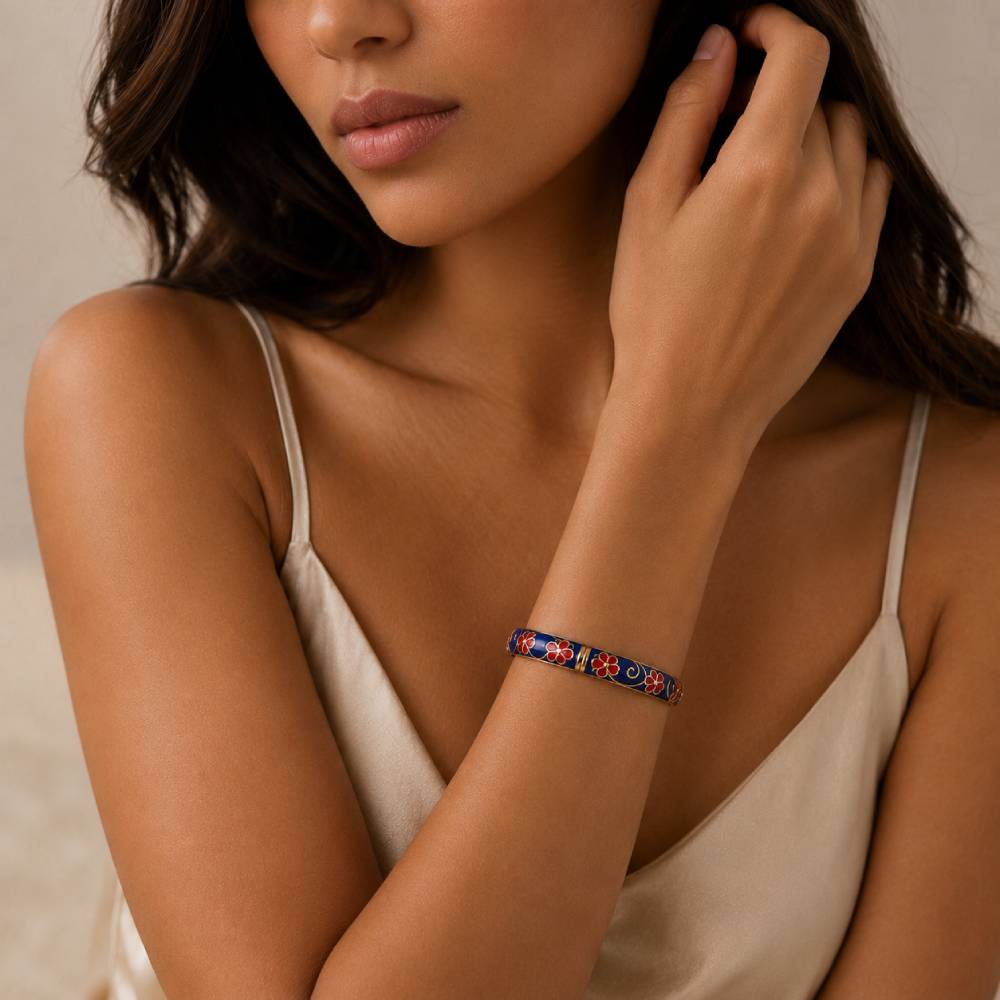 gold-tone-enamel-floral-bangle-bracelet-blue-red-model