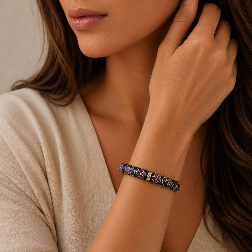 gold-tone-enamel-floral-bangle-bracelet-dark-blue-purple-model