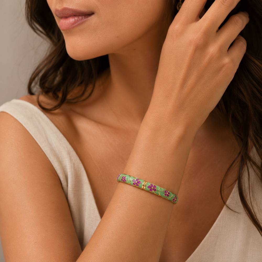 gold-tone-enamel-floral-bangle-bracelet-green-purple-model