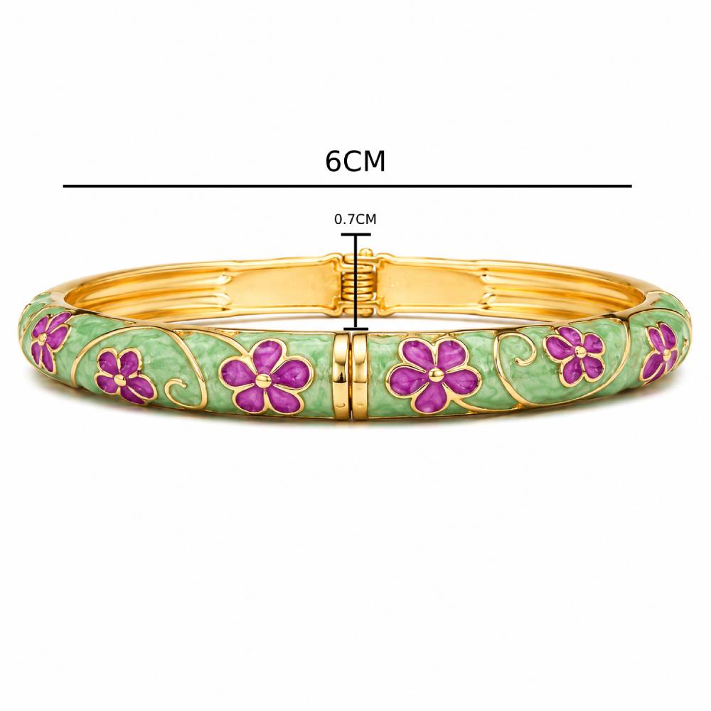 gold-tone-enamel-floral-bangle-bracelet-green-purple-size
