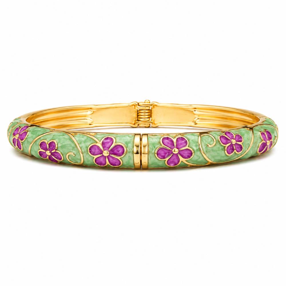 gold-tone-enamel-floral-bangle-bracelet-green-purple
