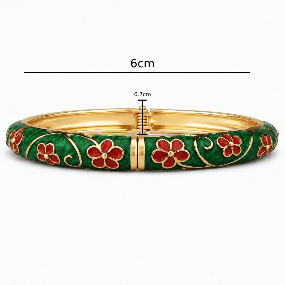 gold-tone-enamel-floral-bangle-bracelet-green-red-dimensions
