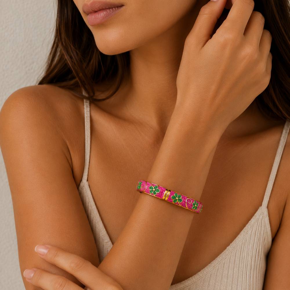 gold-tone-enamel-floral-bangle-bracelet-pink-green-model