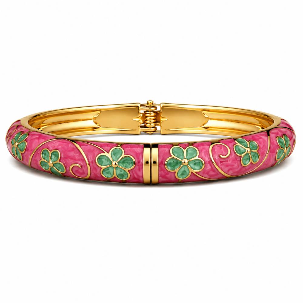 gold-tone-enamel-floral-bangle-bracelet-pink-green