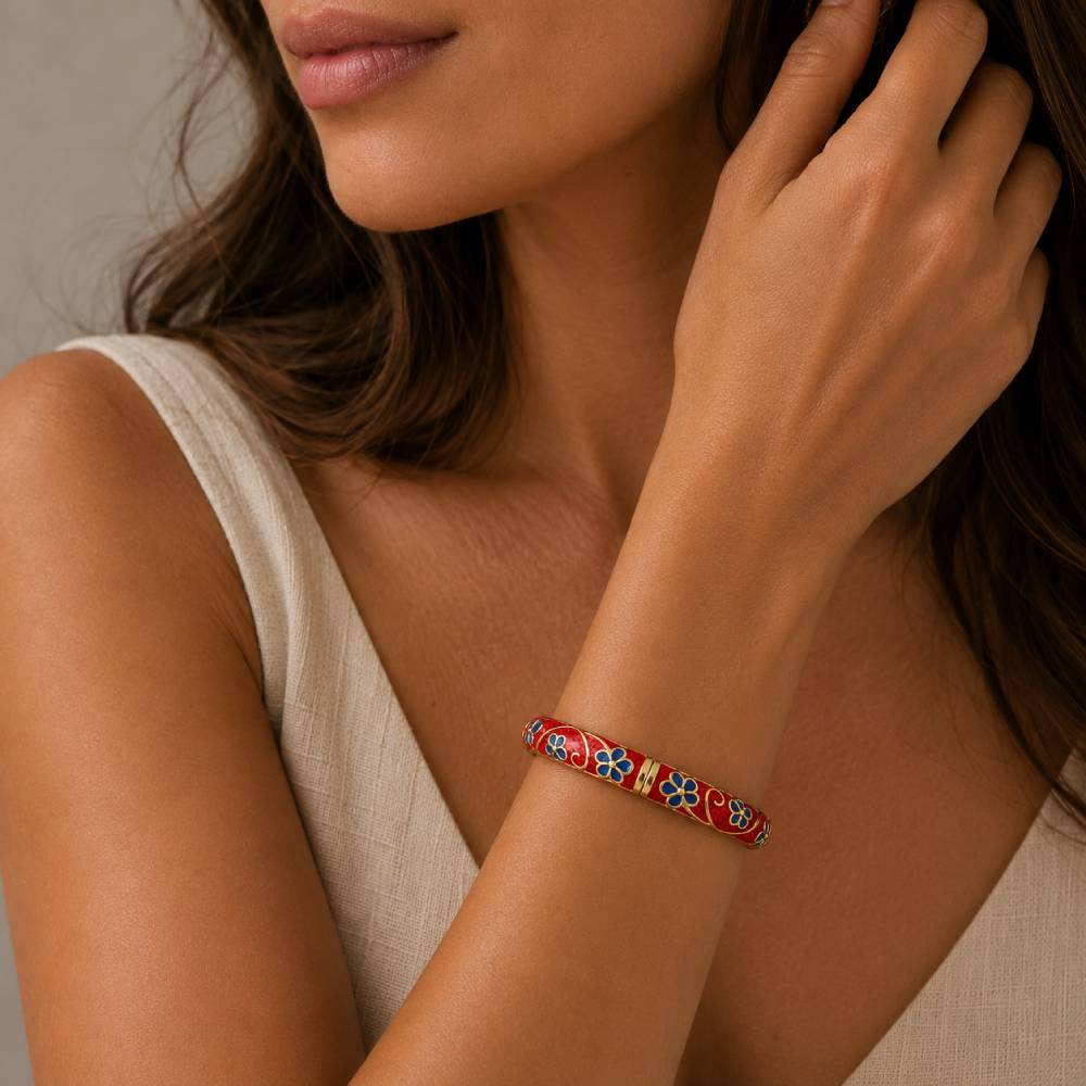 gold-tone-enamel-floral-bangle-bracelet-red-blue-model