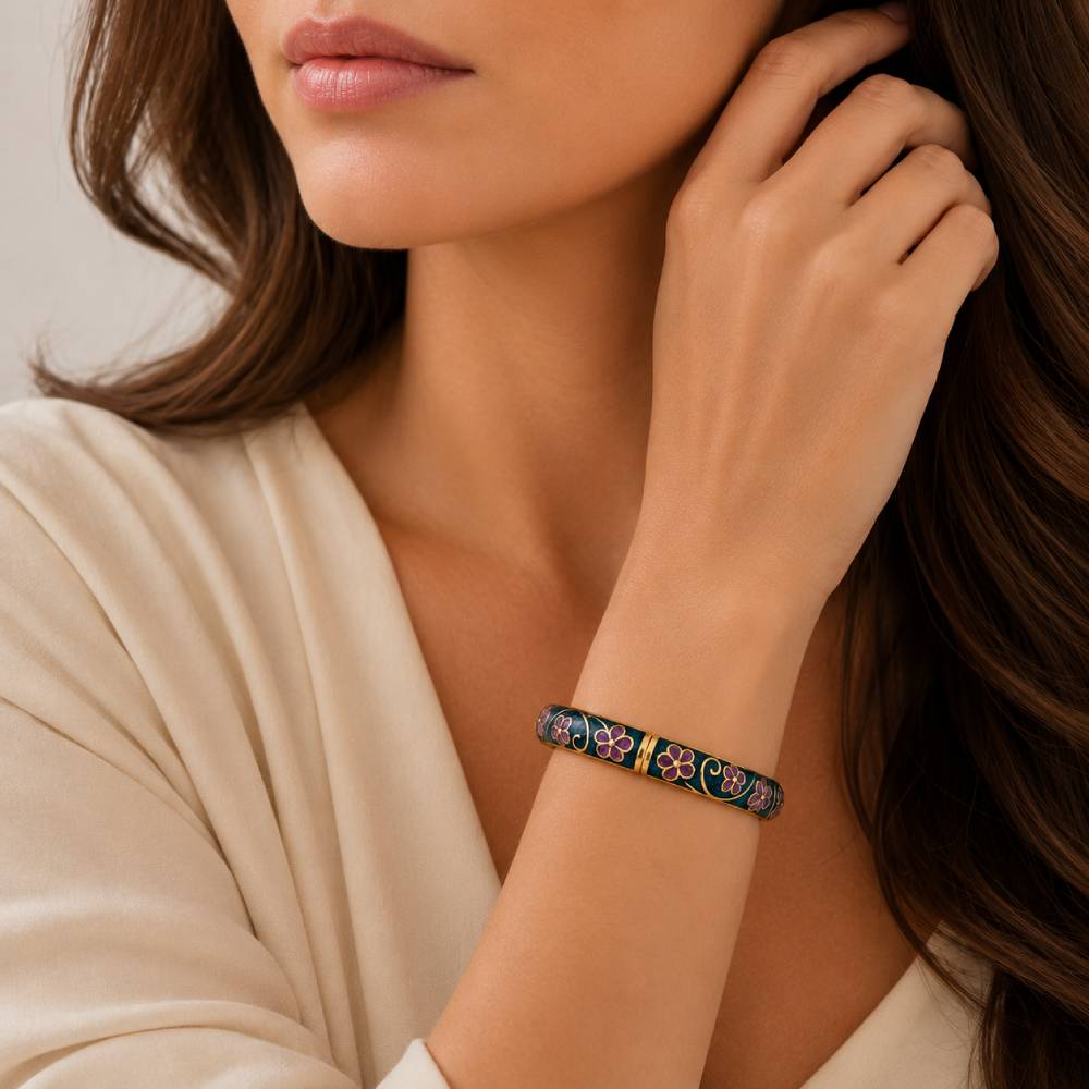 gold-tone-enamel-floral-bangle-bracelet-teal-purple-model