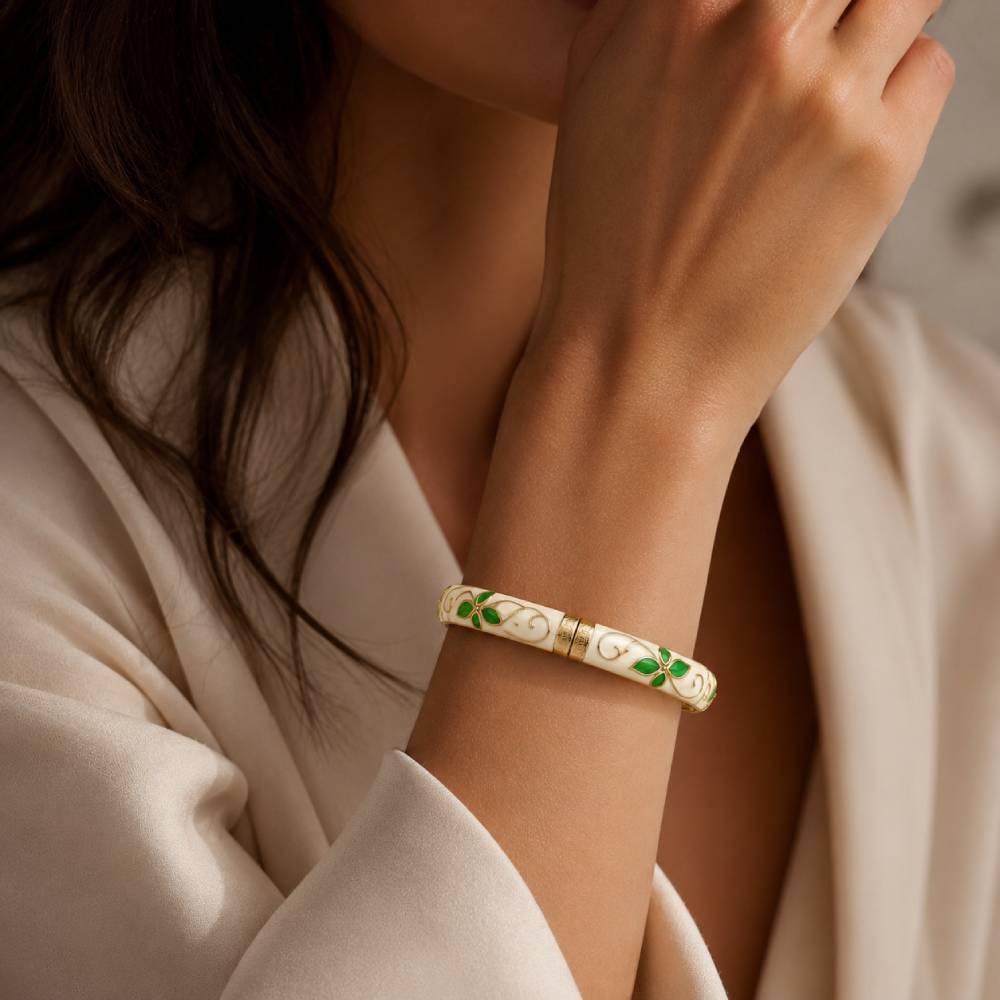 gold-tone-enamel-petal-bangle-green-ivory-model