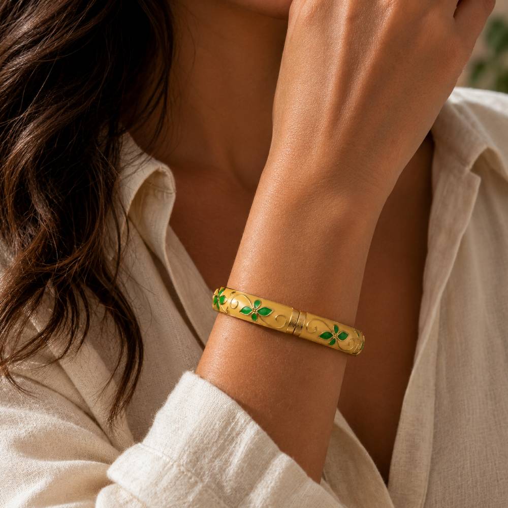 gold-tone-enamel-petal-bangle-green-yellow-model