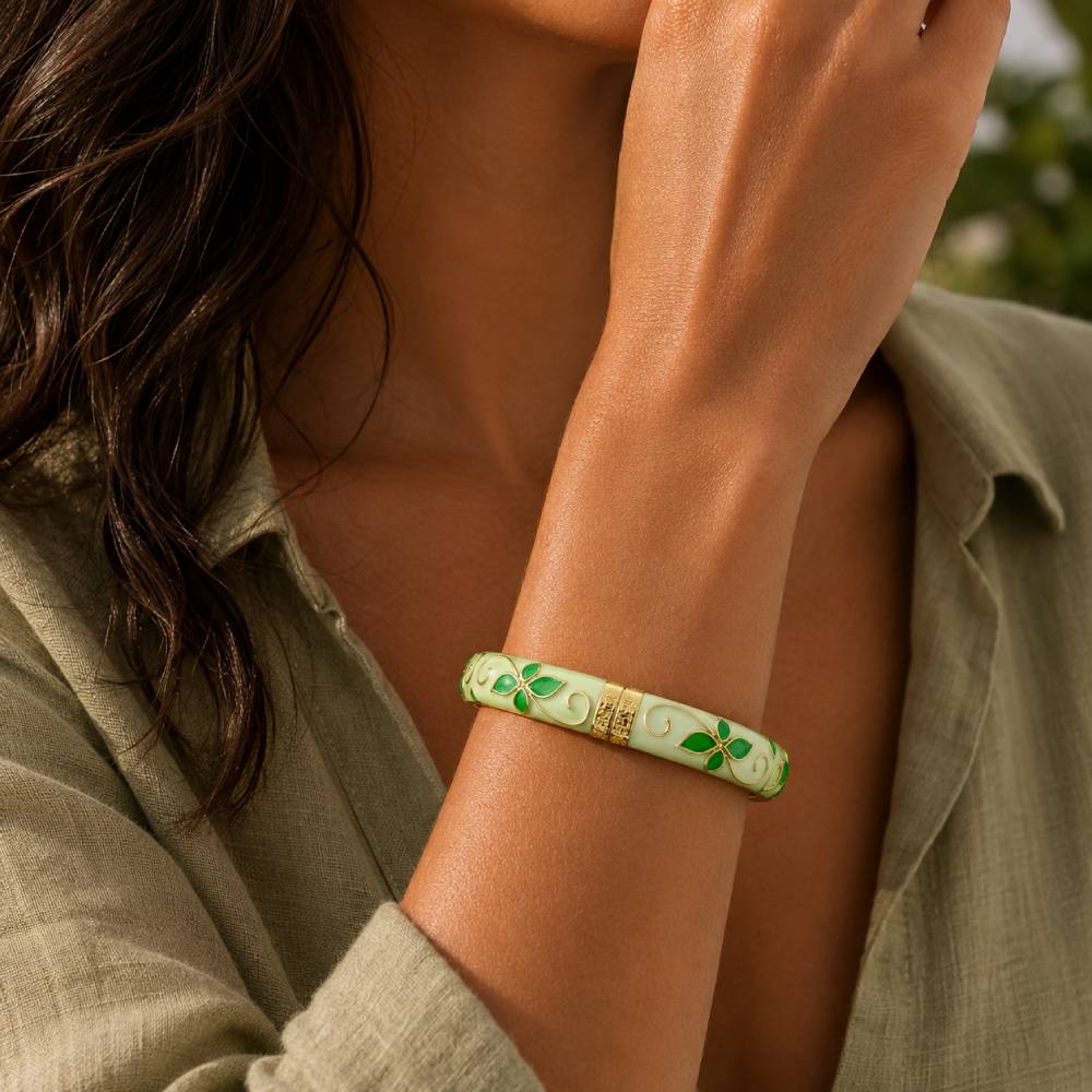 gold-tone-enamel-petal-bangle-light-green-model
