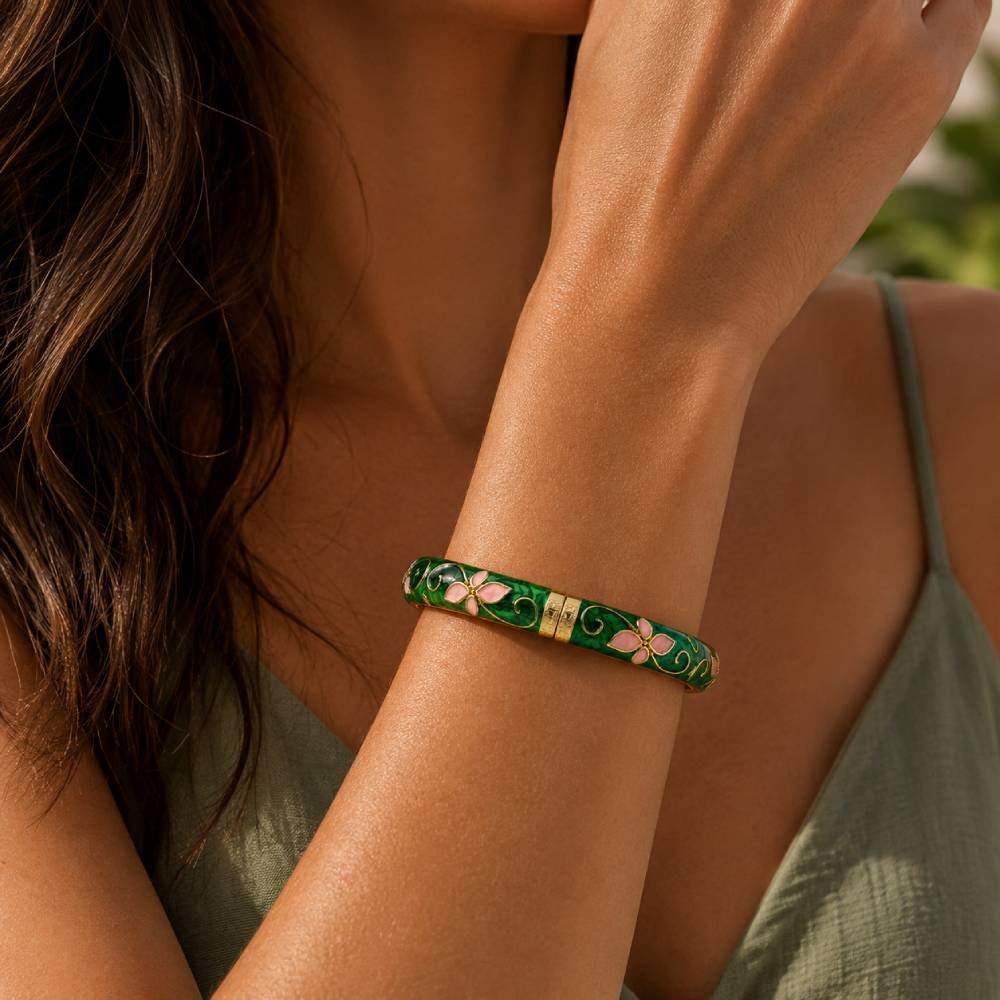 gold-tone-enamel-petal-bangle-pink-green-model