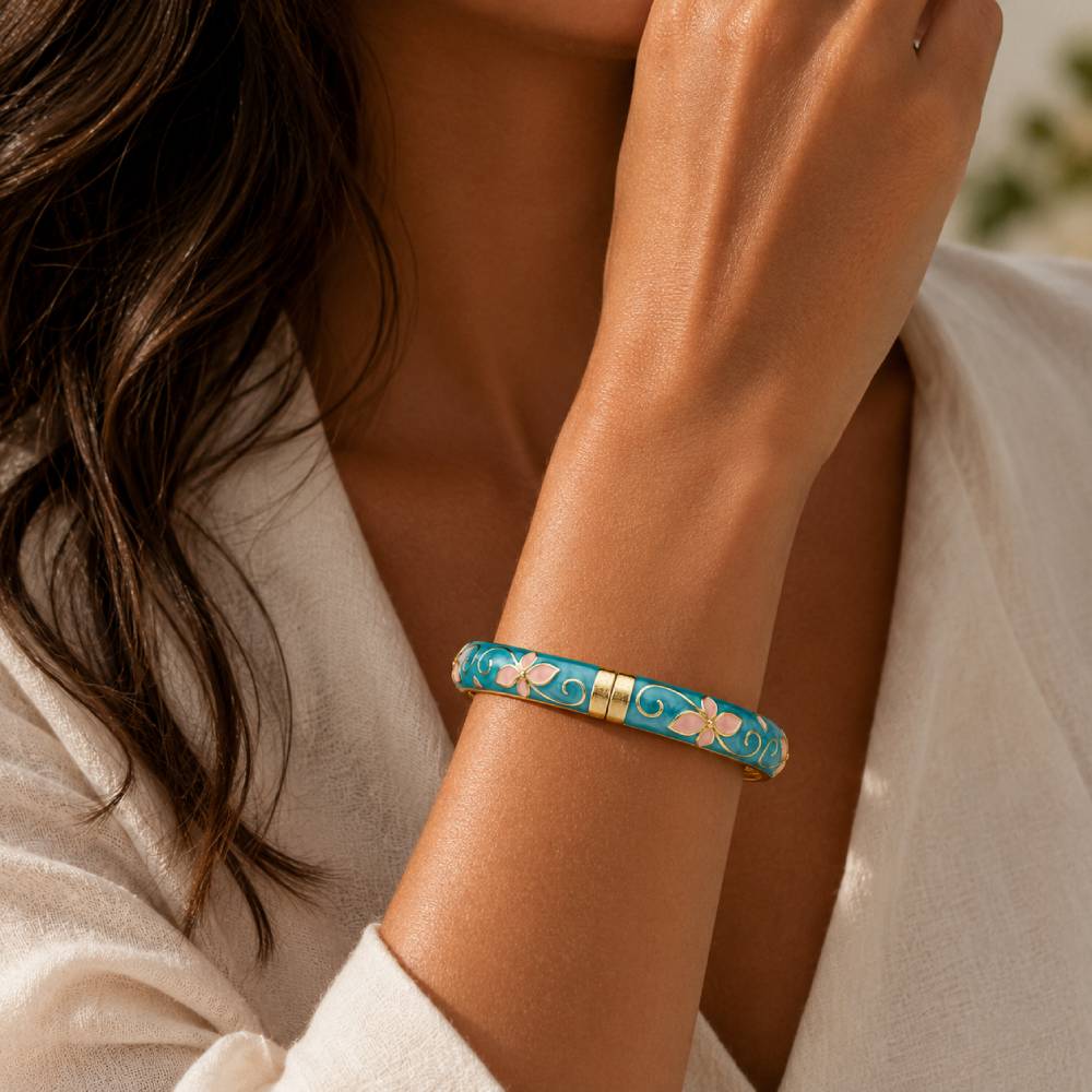 gold-tone-enamel-petal-bangle-pink-turquoise-model