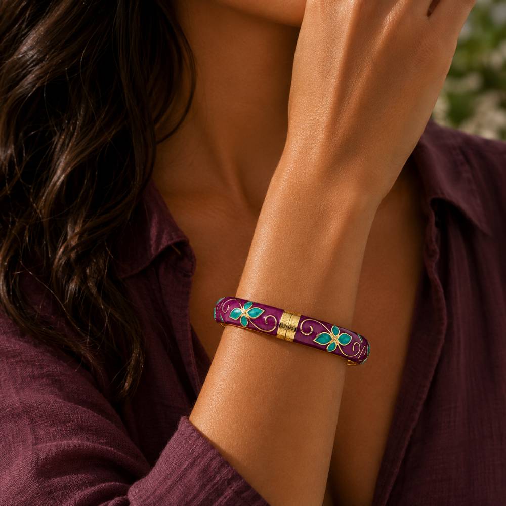 gold-tone-enamel-petal-bangle-purple-turquoise-model