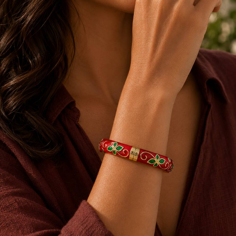 gold-tone-enamel-petal-bangle-red-green-model