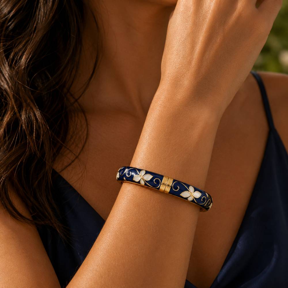 gold-tone-enamel-petal-bangle-white-blue-model