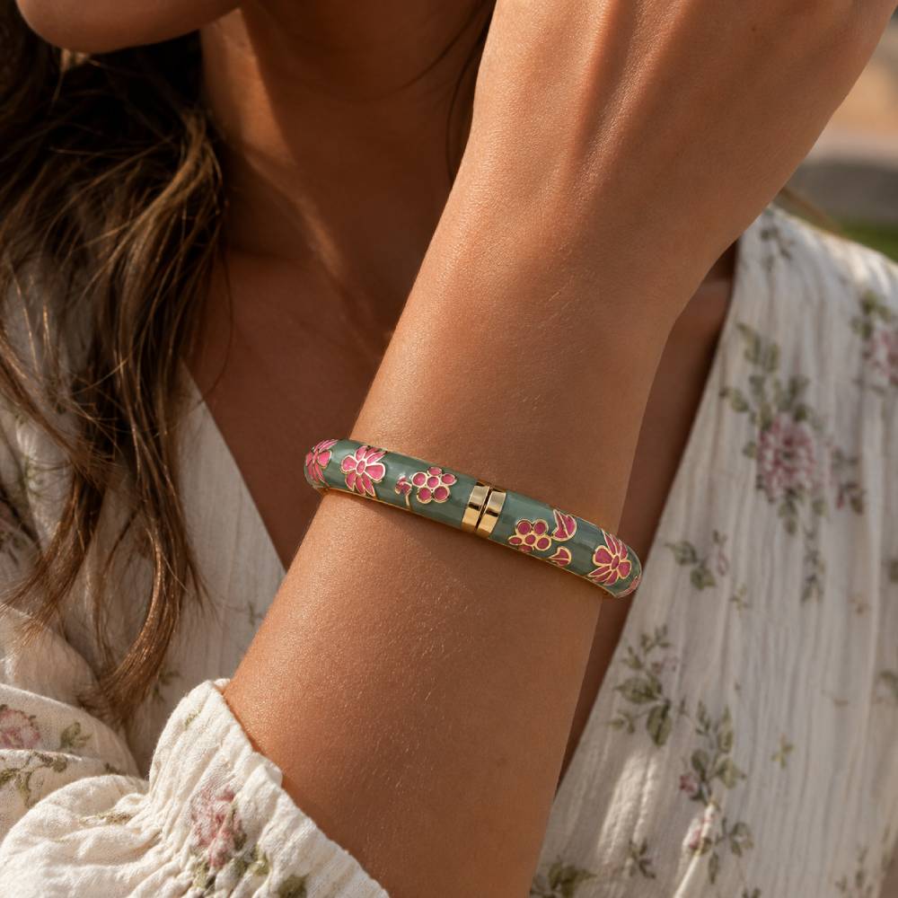 mint-green-pink-enamel-floral-bangle-bracelet-model