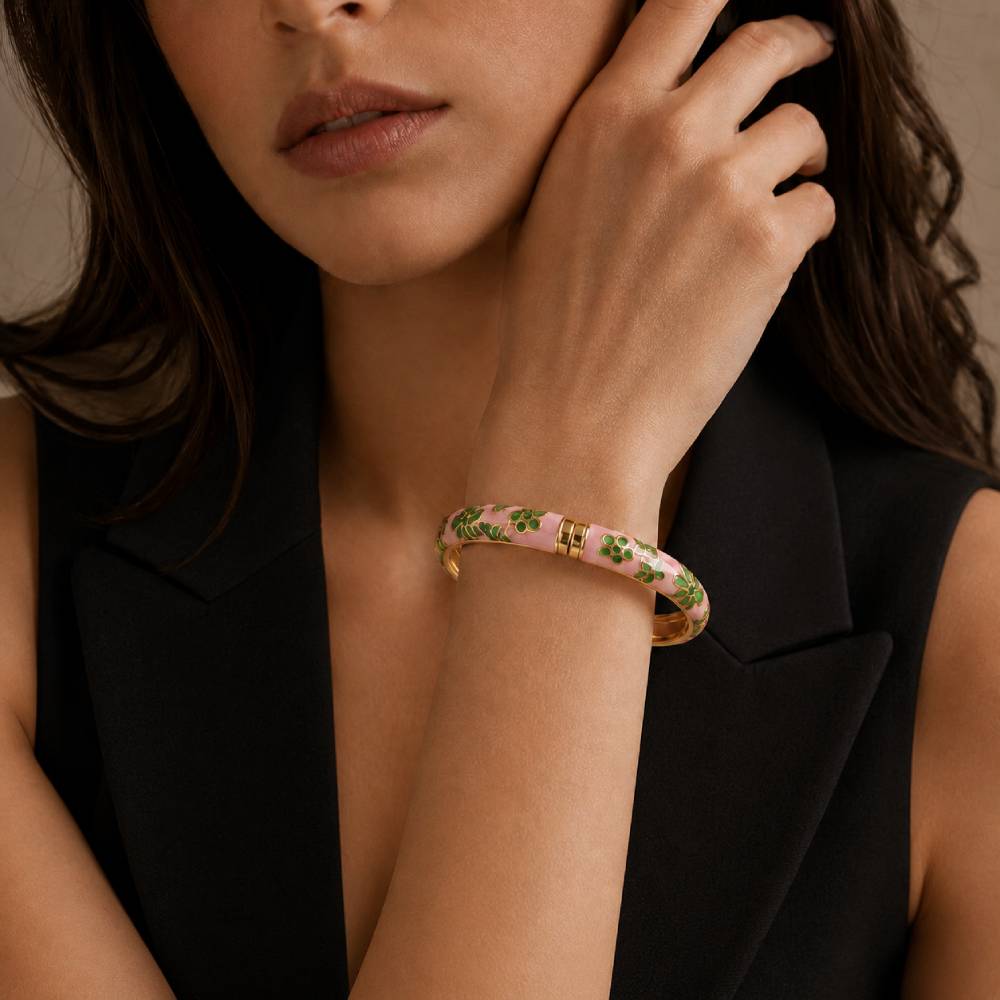 pink-green-enamel-floral-bangle-bracelet-model