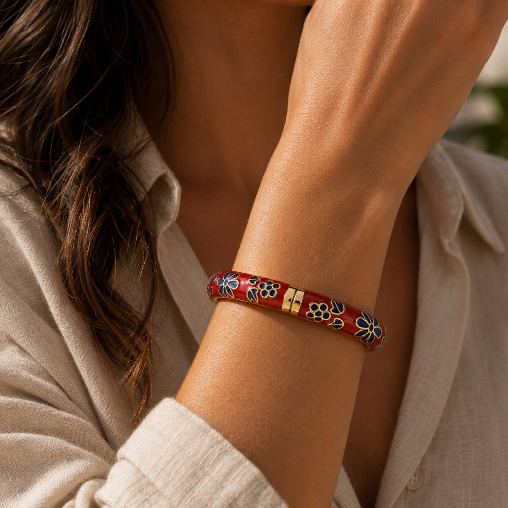 red-enamel-blue-floral-bangle-bracelet-model