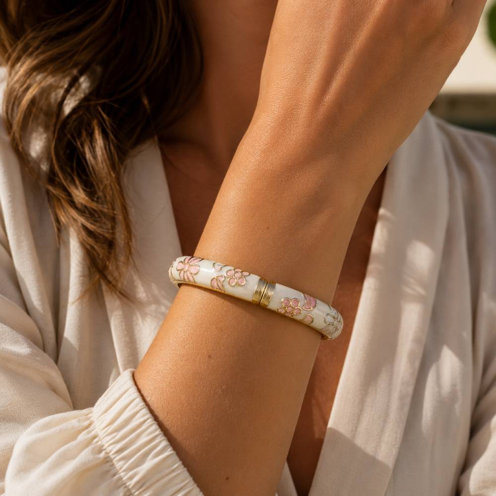 white-pink-enamel-floral-bangle-bracelet-model